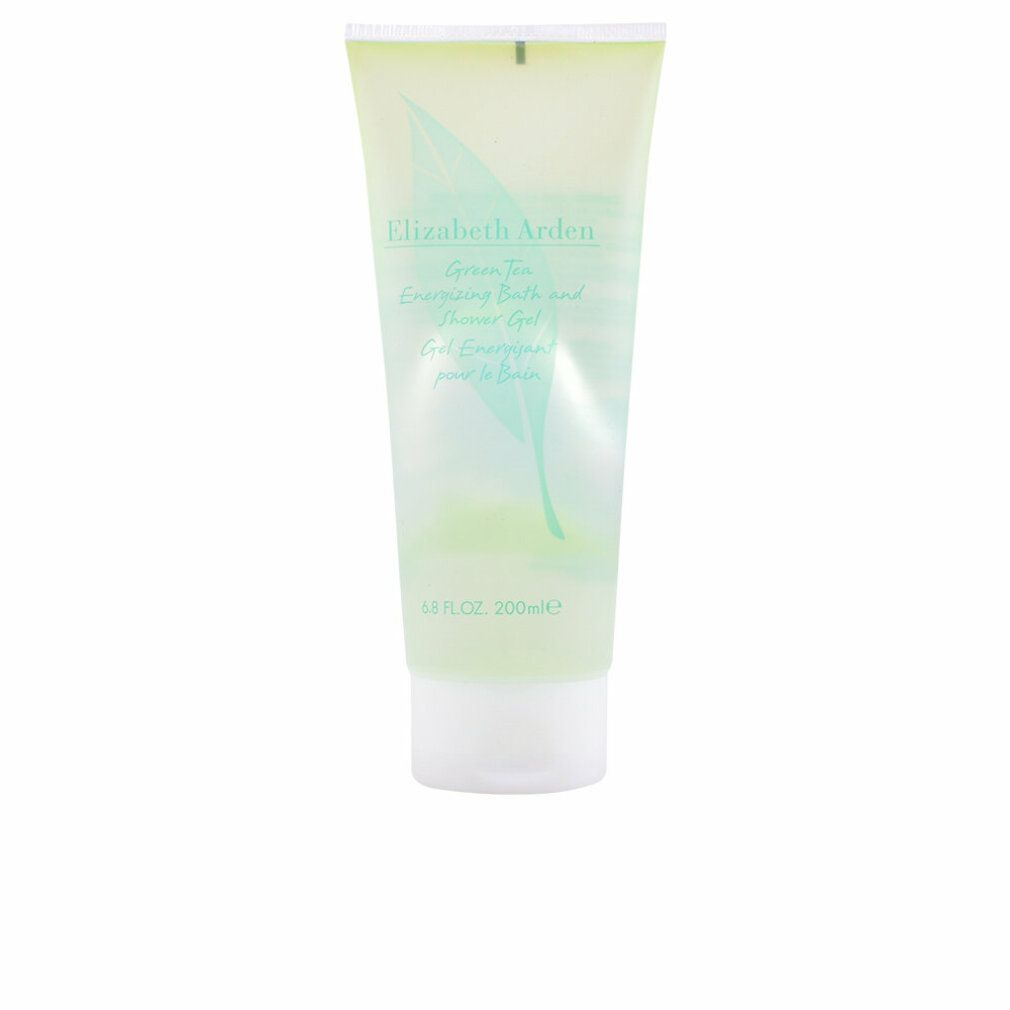Grünes Duschgel in Tube. Aufschrift: Elizabeth Arden Green Tea. Blatt-Logo. 200ml. Weißer Deckel.