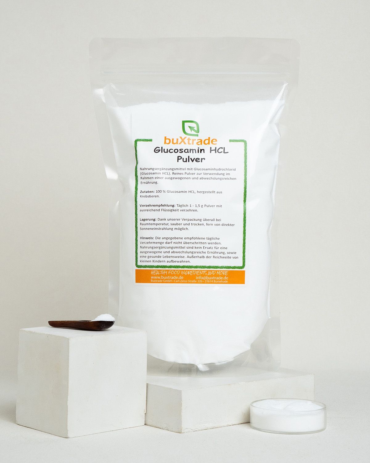 Glucosamin HCL Pulver in einem Standbodenbeutel.