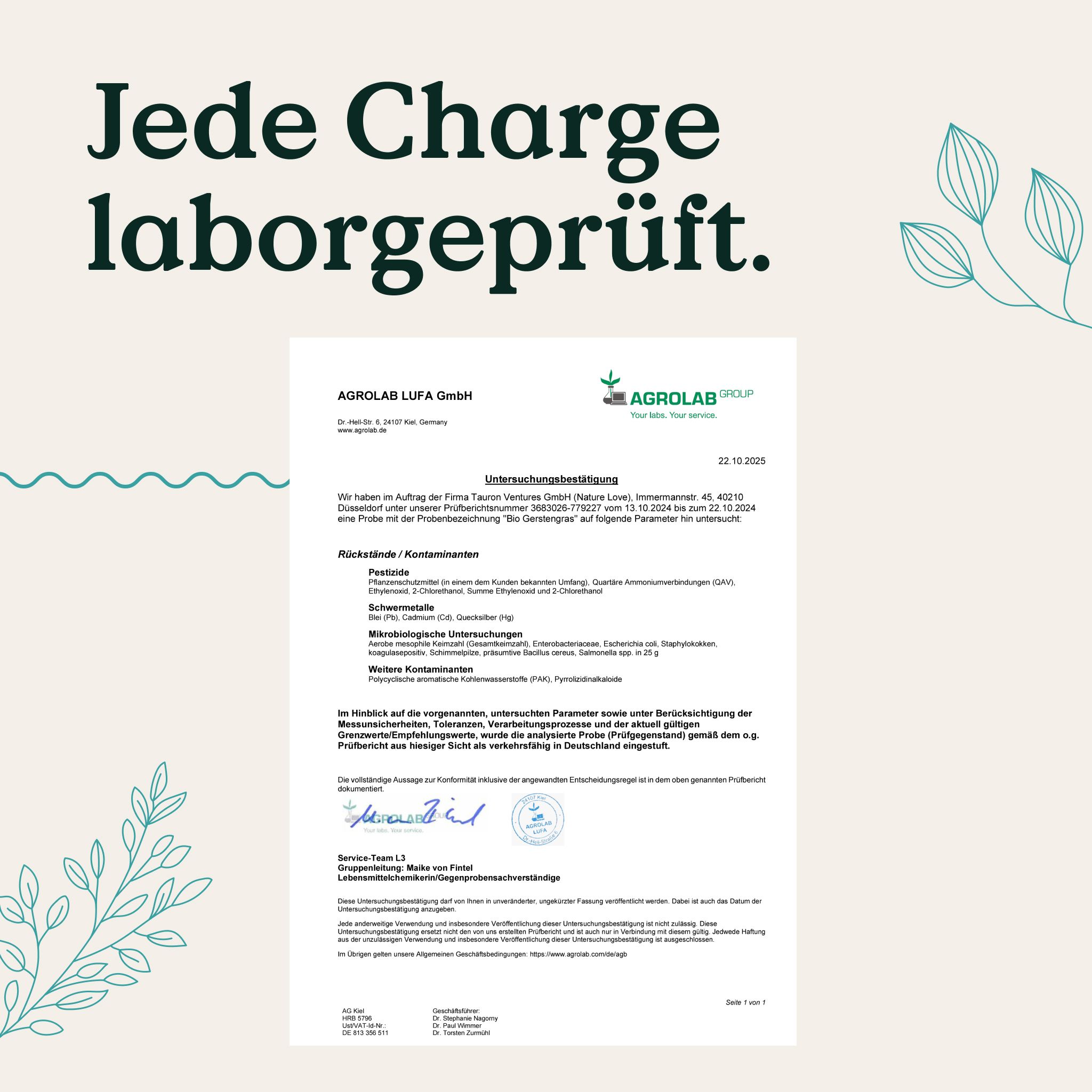 Laborbericht von AGROLAB für NATURE LOVE® Bio Gerstengras: Bestätigung der Laborprüfung jeder Charge.