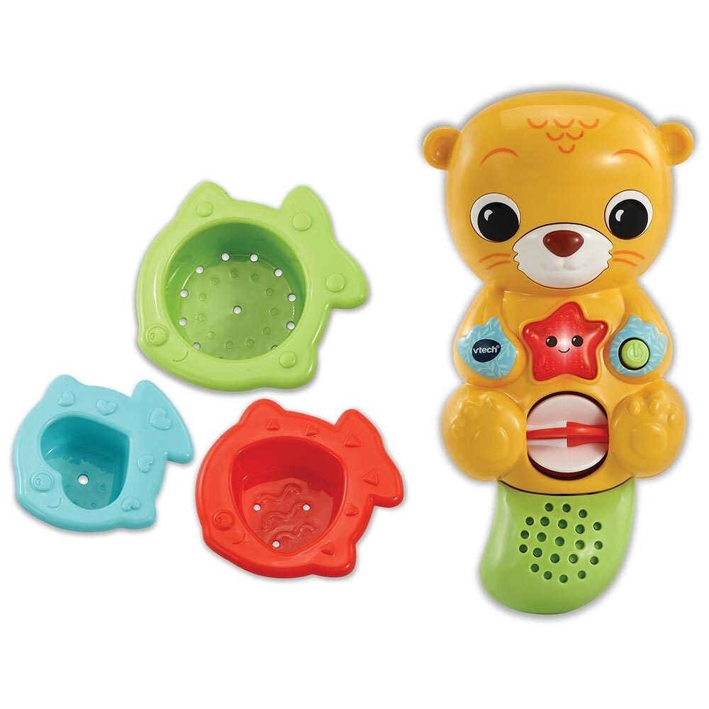 Gelbes Otter-Badespielzeug mit drei farbigen Bechern. Stern- und Knopf-Elemente. VTech-Logo sichtbar.
