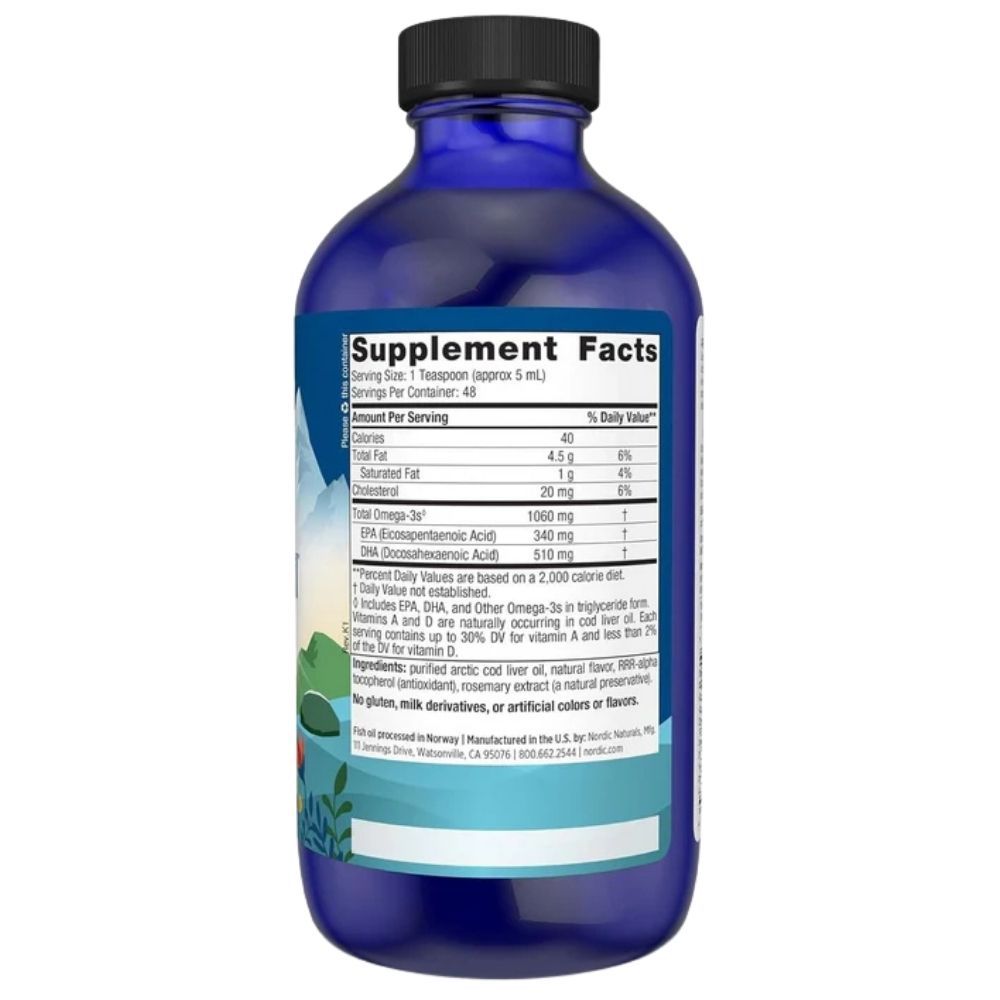 Rückseite einer blauen Flasche mit Nährwertangaben für Lebertranöl. Enthält 1060 mg Omega-3.