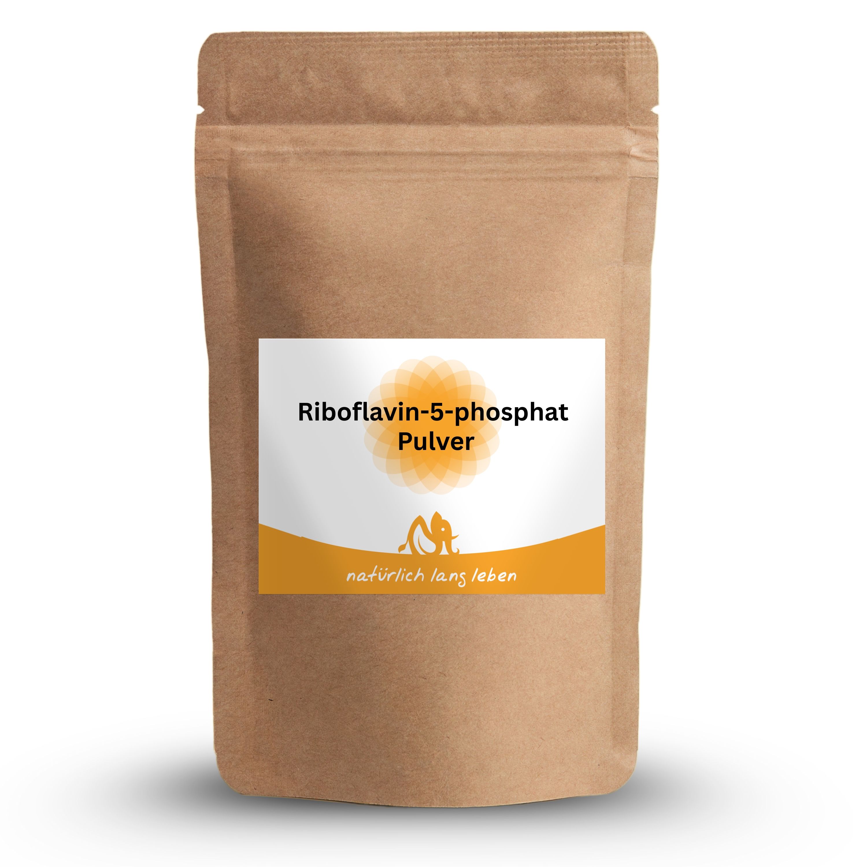 Braune Tüte mit Etikett. Aufschrift: Riboflavin-5-phosphat Pulver. Logo und Schriftzug: natürlich lang leben.