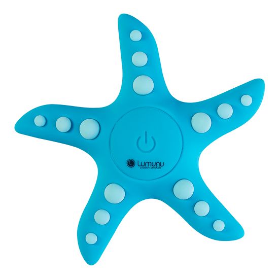 Türkisfarbener Auflegevibrator in Seesternform mit Knöpfen und Ein-/Ausschalter. Logo Lumunu.
