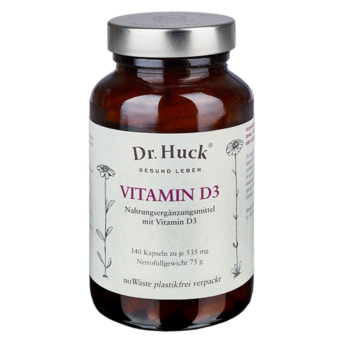 Dr. Huck Vitamin D3 Kapseln Vegan. Bruine glazen fles met schroefdop. Opschrift: Vitamin D3, voedingssupplement. 140 capsules.