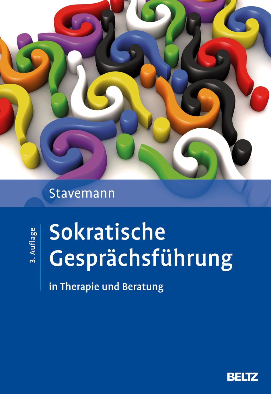 Buchcover mit farbigen Fragezeichen. Titel: Sokratische Gesprächsführung in Therapie und Beratung. Autor: Stavemann. Verlag: BELTZ.