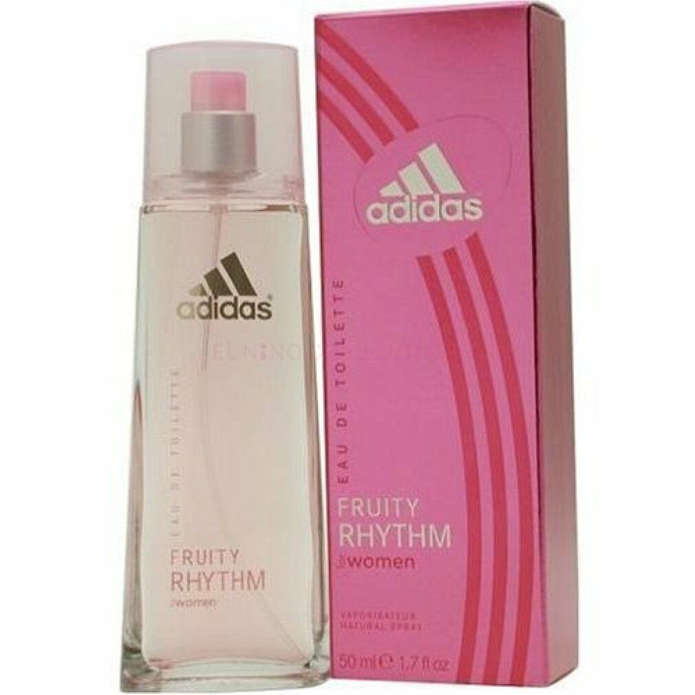 Parfümflakon und Verpackung. Aufschrift: Adidas, Fruity Rhythm, eau de toilette, 50ml.