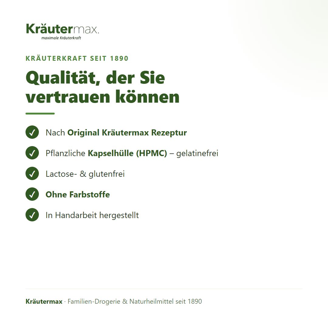 Vorteile von Kräutermax: Nach Originalrezeptur, pflanzliche Kapselhülle, laktose- & glutenfrei, ohne Farbstoffe.