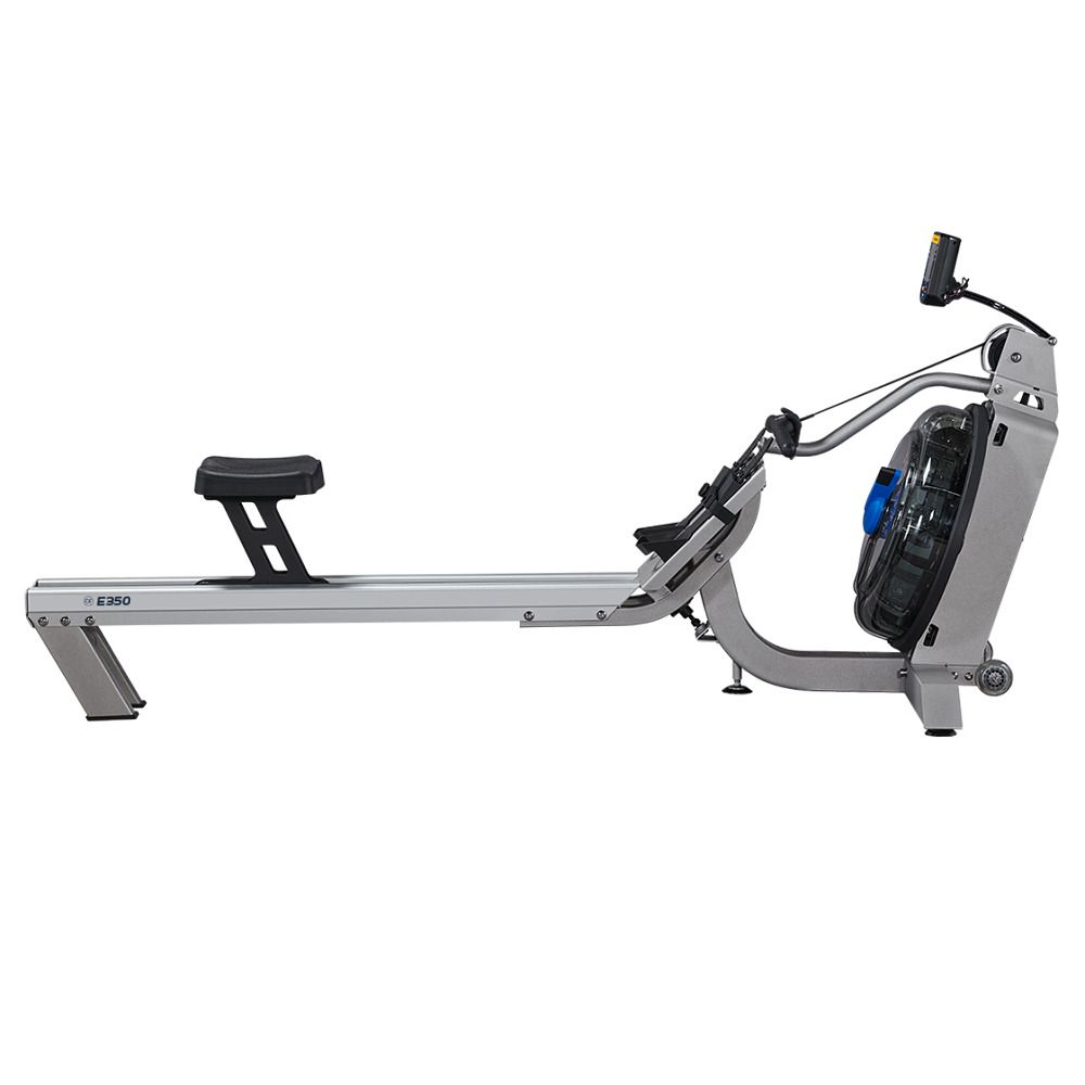 Fluid Rudergerät Evolution Series E350 mit silbernem Rahmen, schwarzem Sitz und Wassertank.