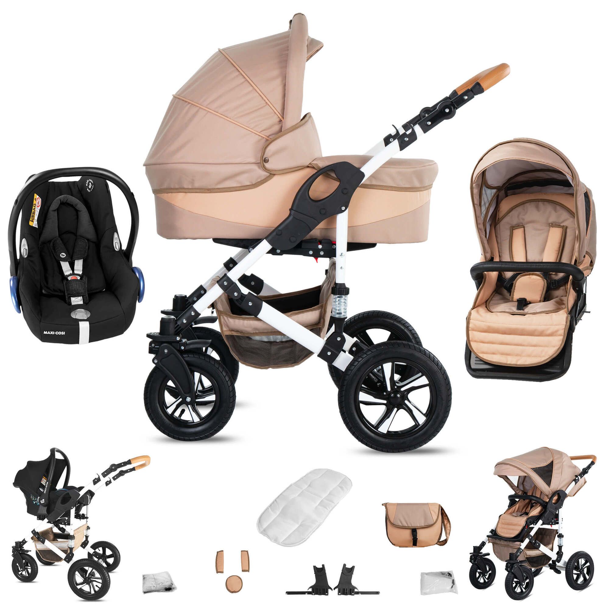 Kinderwagen mit Maxi Cosi, beige und weiß. Enthält Babywanne, Sportsitz und Zubehör. Schwarze Räder.