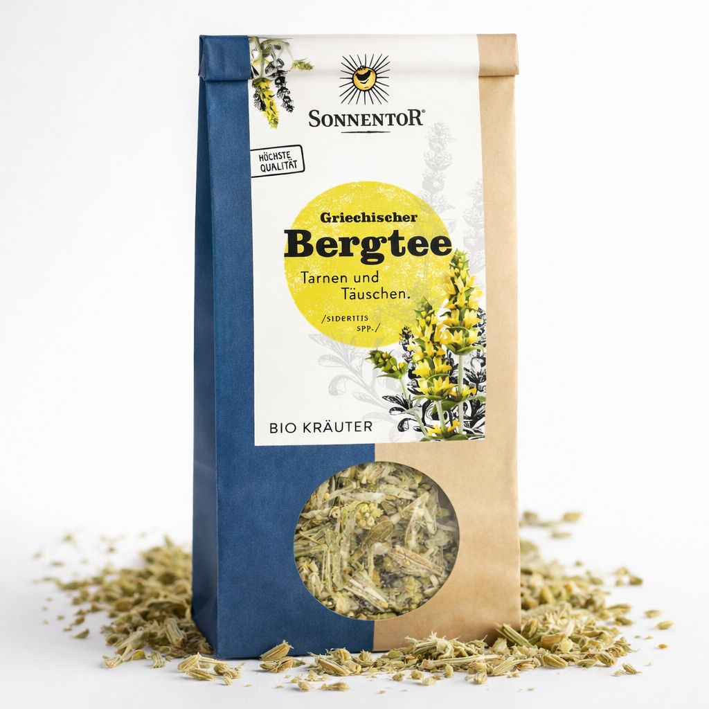 SonnenTor Griechischer Bergtee lose bio: Papiertüte mit Sichtfenster, Kräuter und gelben Blüten abgebildet.
