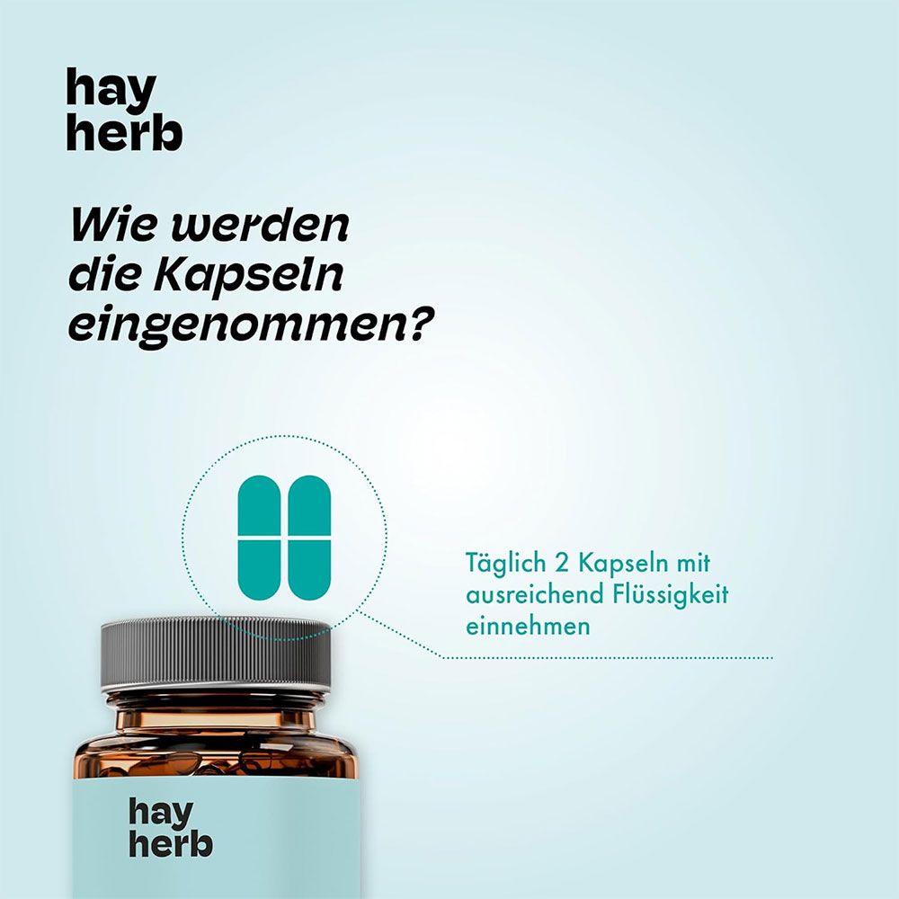 Zwei Kapseln in einem Kreis. Text: "Wie werden die Kapseln eingenommen?" Anweisung: 2 Kapseln täglich.