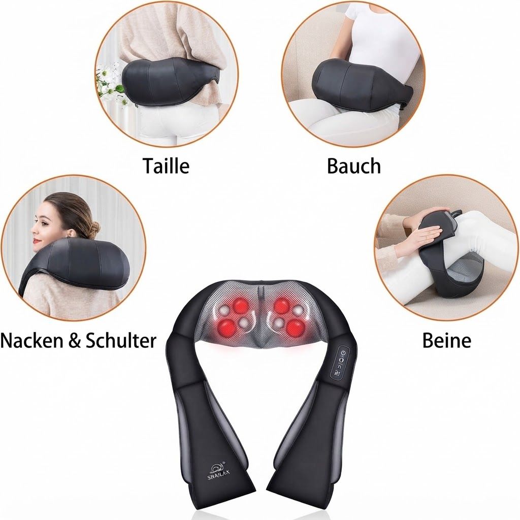 Schwarzes Nackenmassagegerät mit dem Markennamen 'SNAILAX', inklusive Staubtuch und Adaptern.