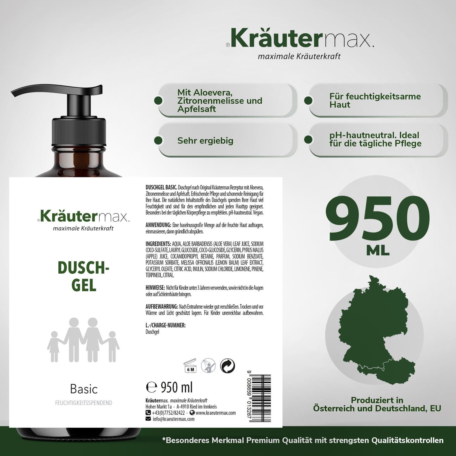 Braune Flasche mit schwarzem Pumpkopf. Weißes Etikett mit Produktname und Inhaltsstoffen. Text: 950 ml. Karte von Österreich und Deutschland.