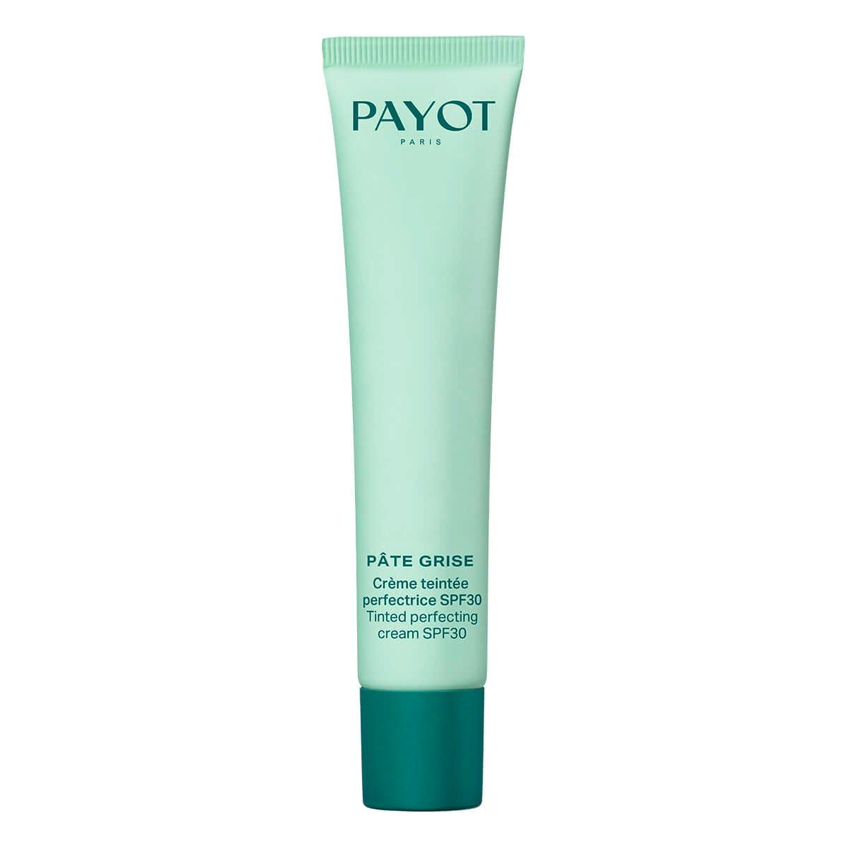 Payot Pâte Grise Nude SPF 30. Mintgrüne Tube mit grünem Deckel. Produktname und SPF 30 aufgedruckt. Text in Französisch und Englisch.