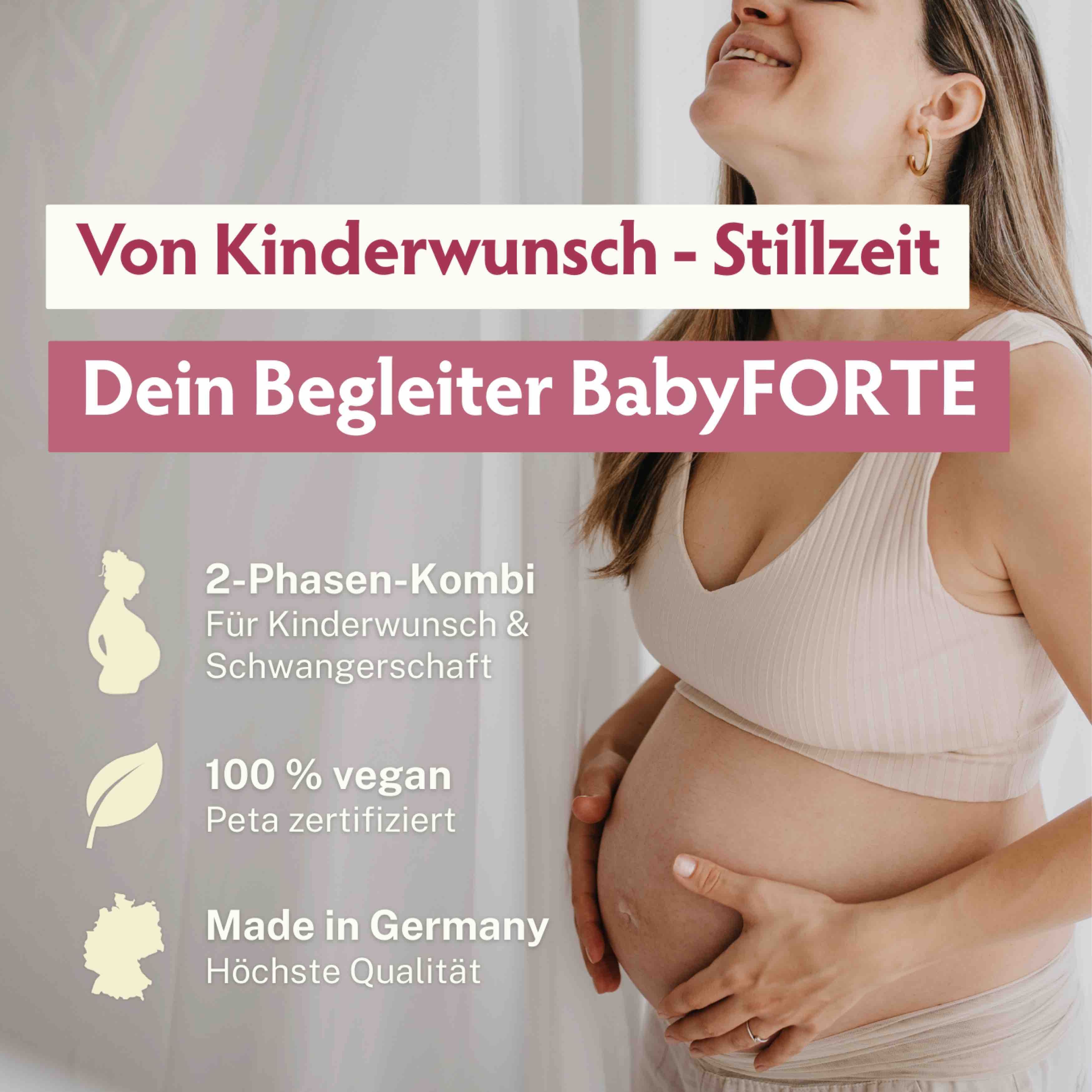 Schwangere Frau mit Text: Dein Begleiter BabyFORTE. 100% vegan, Peta zertifiziert, Made in Germany.