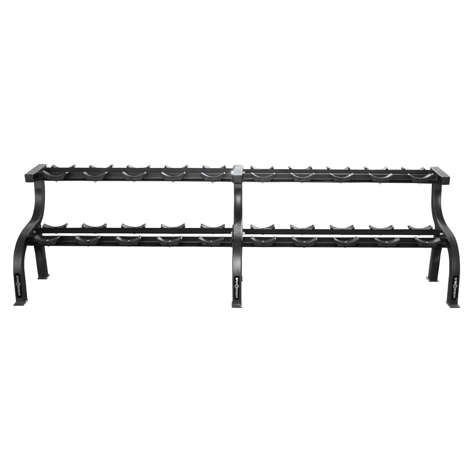 Schwarze Kurzhantelablage, Metall, zwei Ebenen, gebogene Form, für Fitnessstudio.