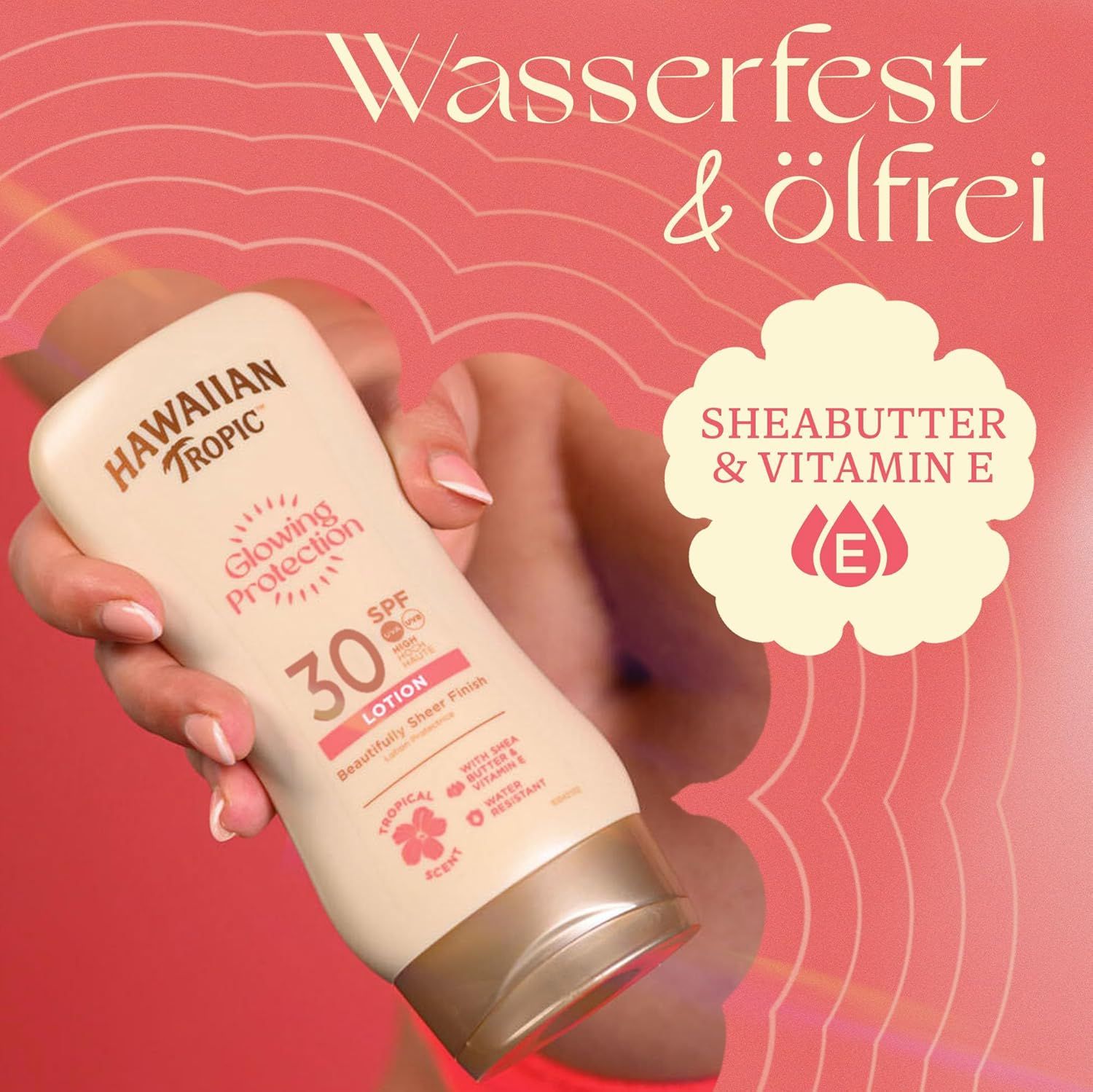 Sonnenlotion mit LSF 30. Marke: Hawaiian Tropic. Aufschrift: Glowing Protection, Lotion. Text: Sheabutter & Vitamin E.
