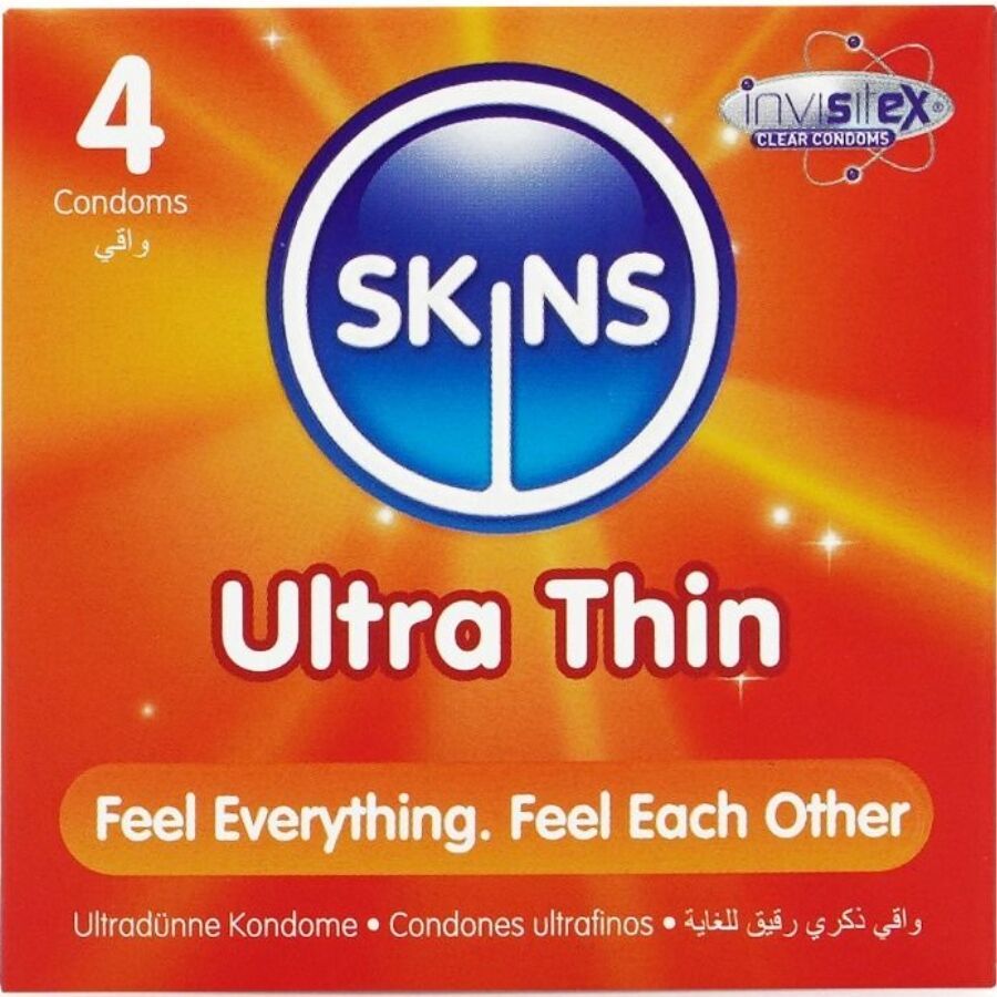 Packung mit 4 Skins Ultra Thin Kondomen, klar und extra geschmiert.