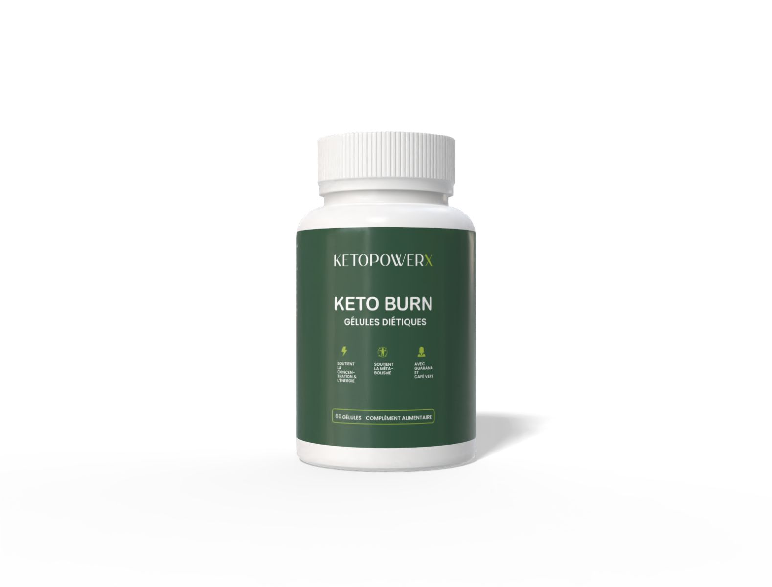 Eine weiße Flasche mit grünem Etikett. Auf dem Etikett steht "KETOPOWERX" und "KETO BURN GÉLULES DIÉTIQUES".