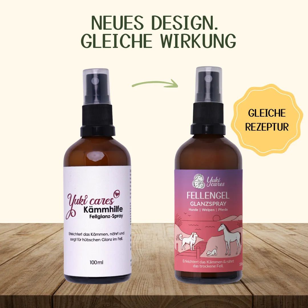 Zwei braune Sprühflaschen. Links: Kämhilfe, rechts: Fellengel Glanzspray. Texte und Illustrationen von Hund und Pferd.