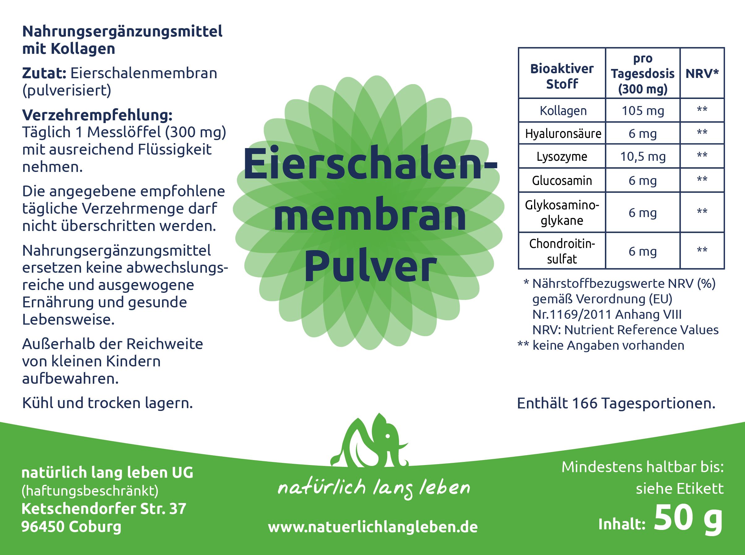 natürlich lang leben Eierschalenmembran Pulver 50 g