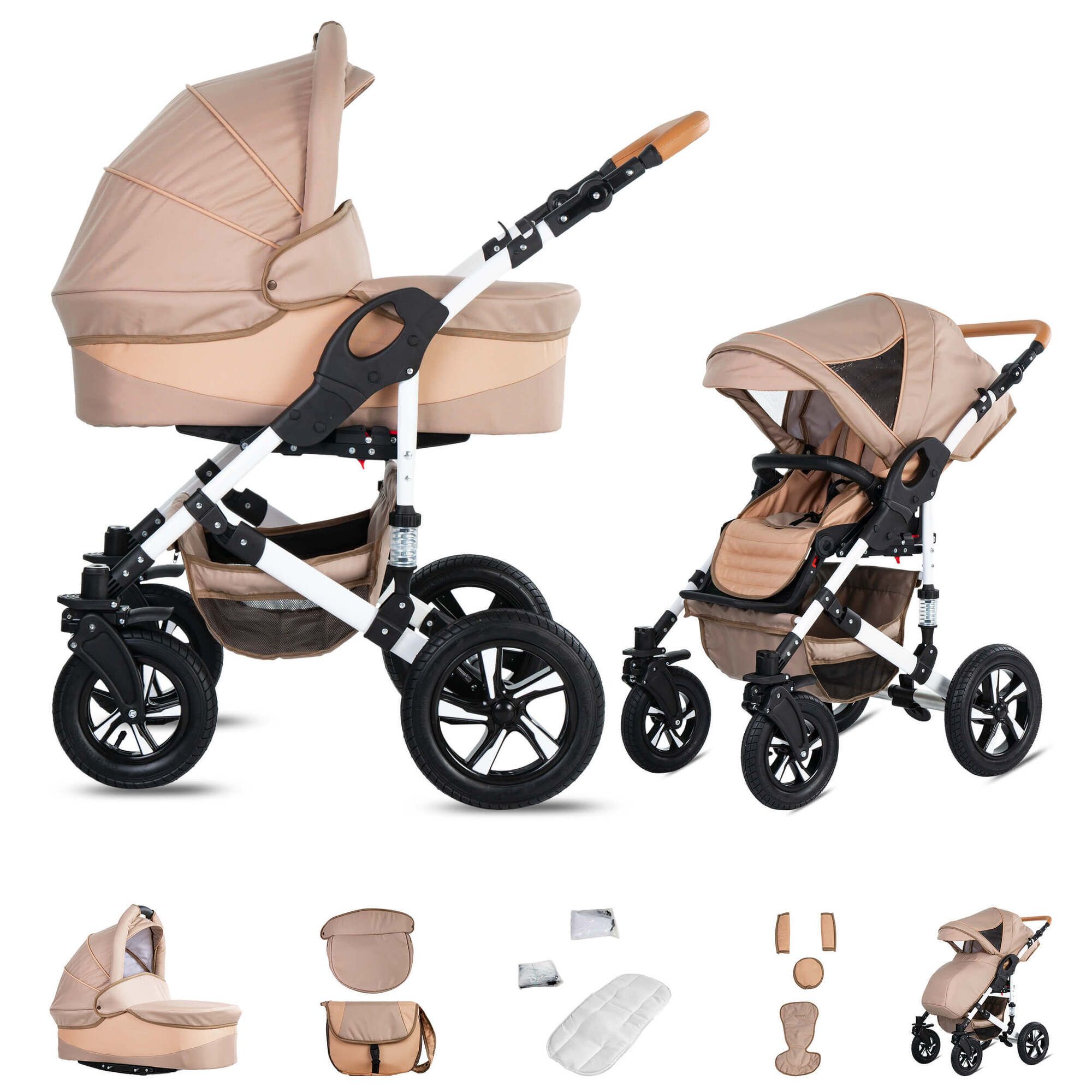 Friedrich Hugo Hamburg 2 in 1 Kinderwagen Luftreifen, Beige & Oatmeal