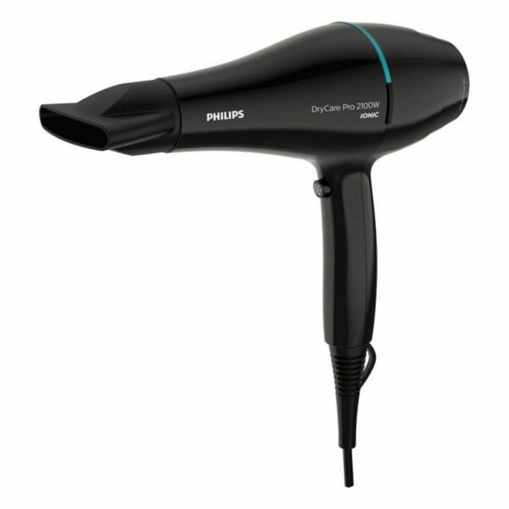Schwarzer Haartrockner mit blauem Akzent. Marke Philips, Modell DryCare Pro 2100W. Mit Ionen-Technologie.