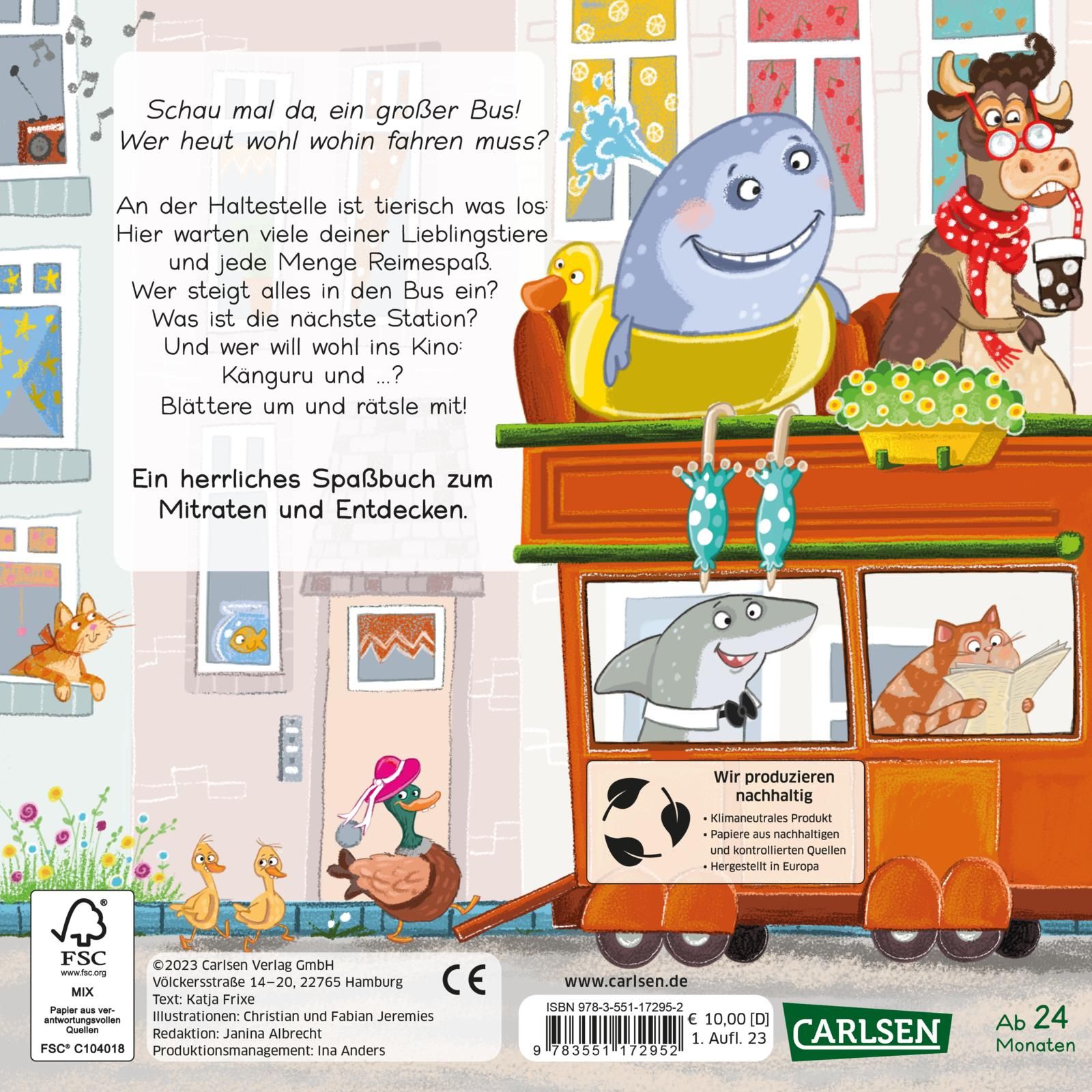 Rückseite des Buches. Text und Illustrationen mit Tieren auf einem Bus. FSC-Zertifizierung und Verlagslogo.