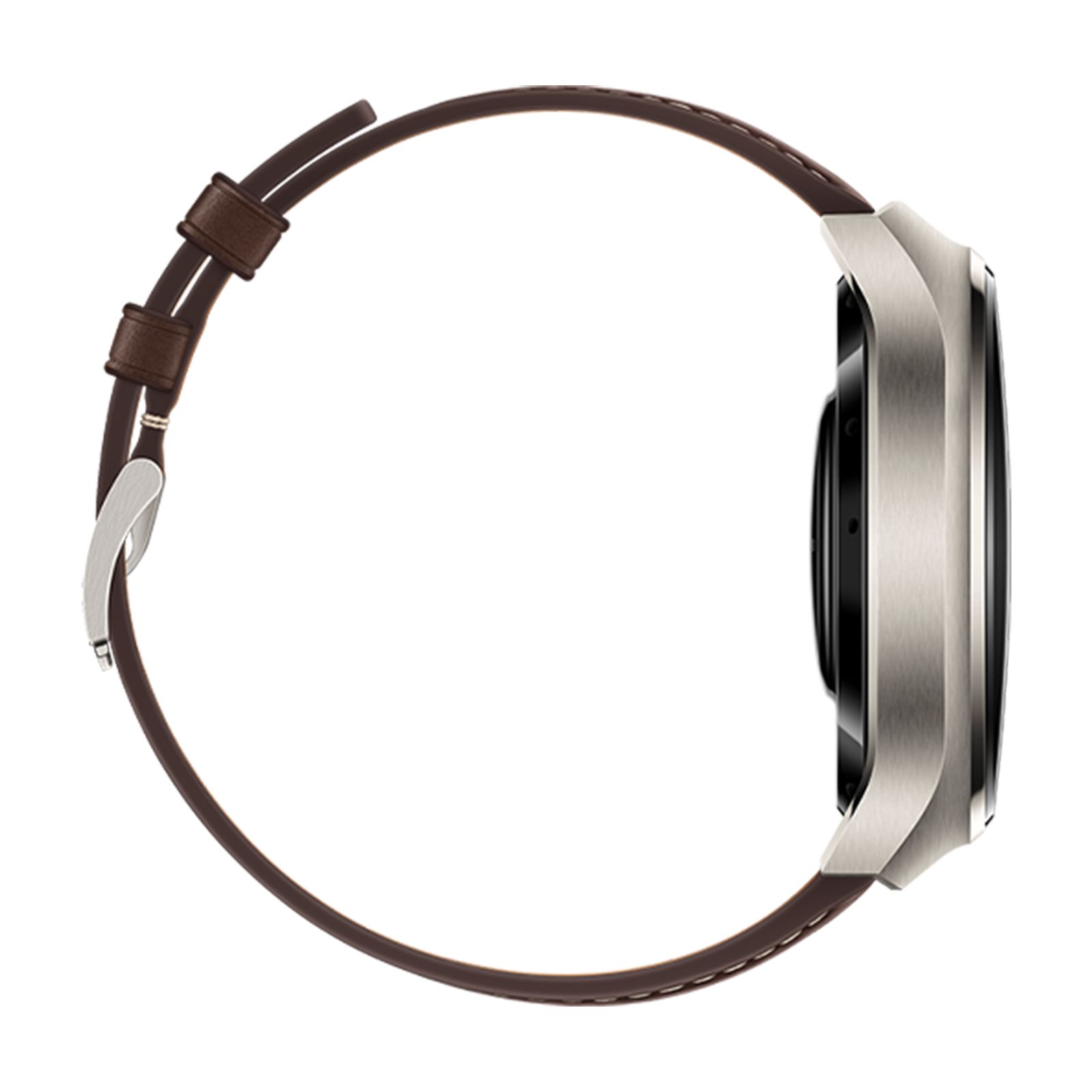 Smartwatch-Profil mit braunem Lederarmband. Runde Form, silberfarbenes Gehäuse. Lederband sichtbar.