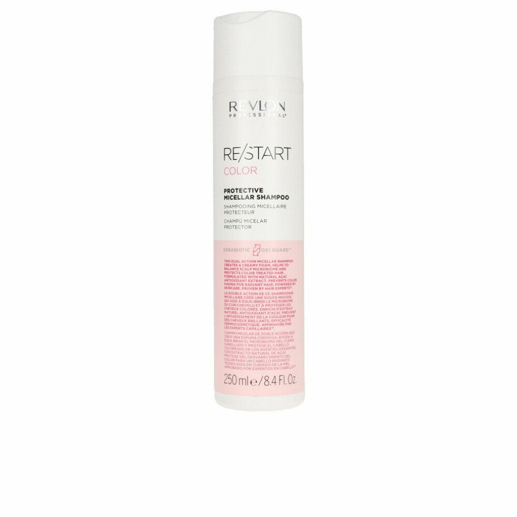 Weiß-rosa Flasche. Text: RE/START COLOR, PROTECTIVE MICELLAR SHAMPOO. Marke Revlon. 250 ml/8.4 FL.OZ.