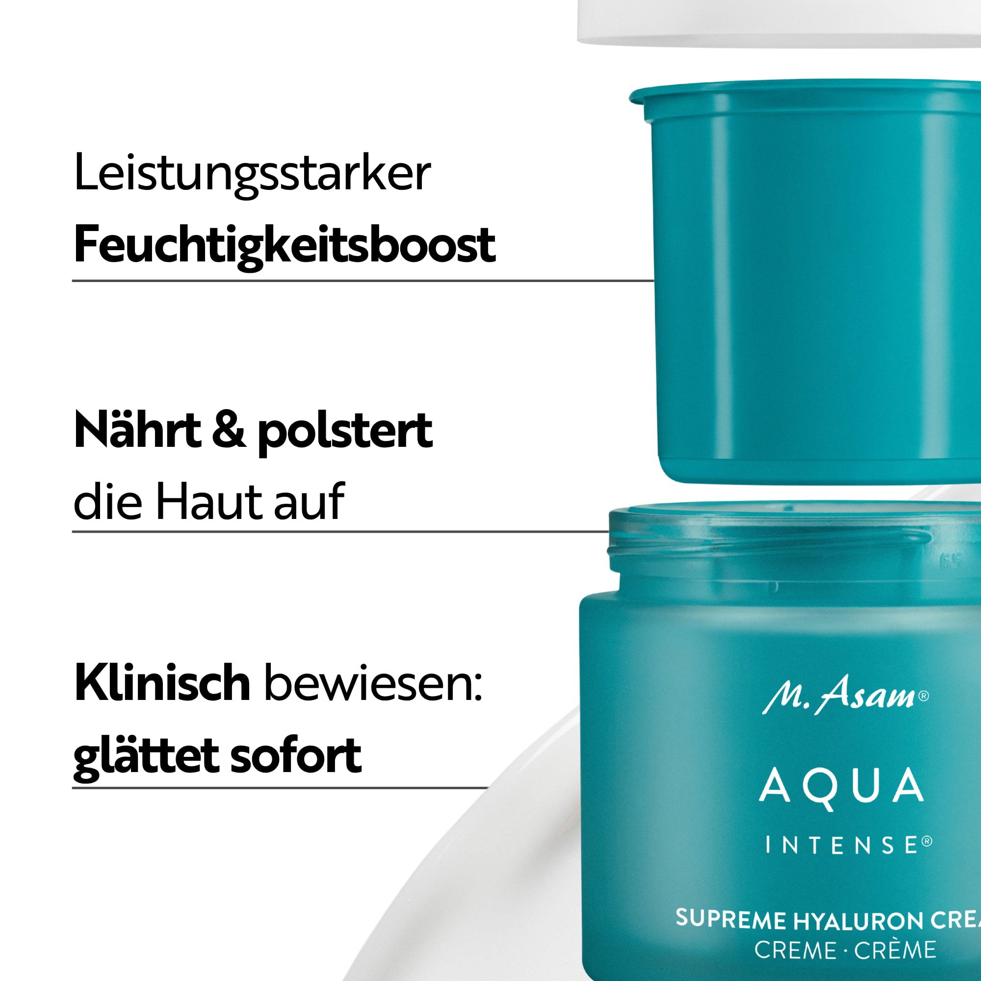 M. Asam Aqua Intense Supreme Hyaluron Gesichtscreme in einem blauen Tiegel.