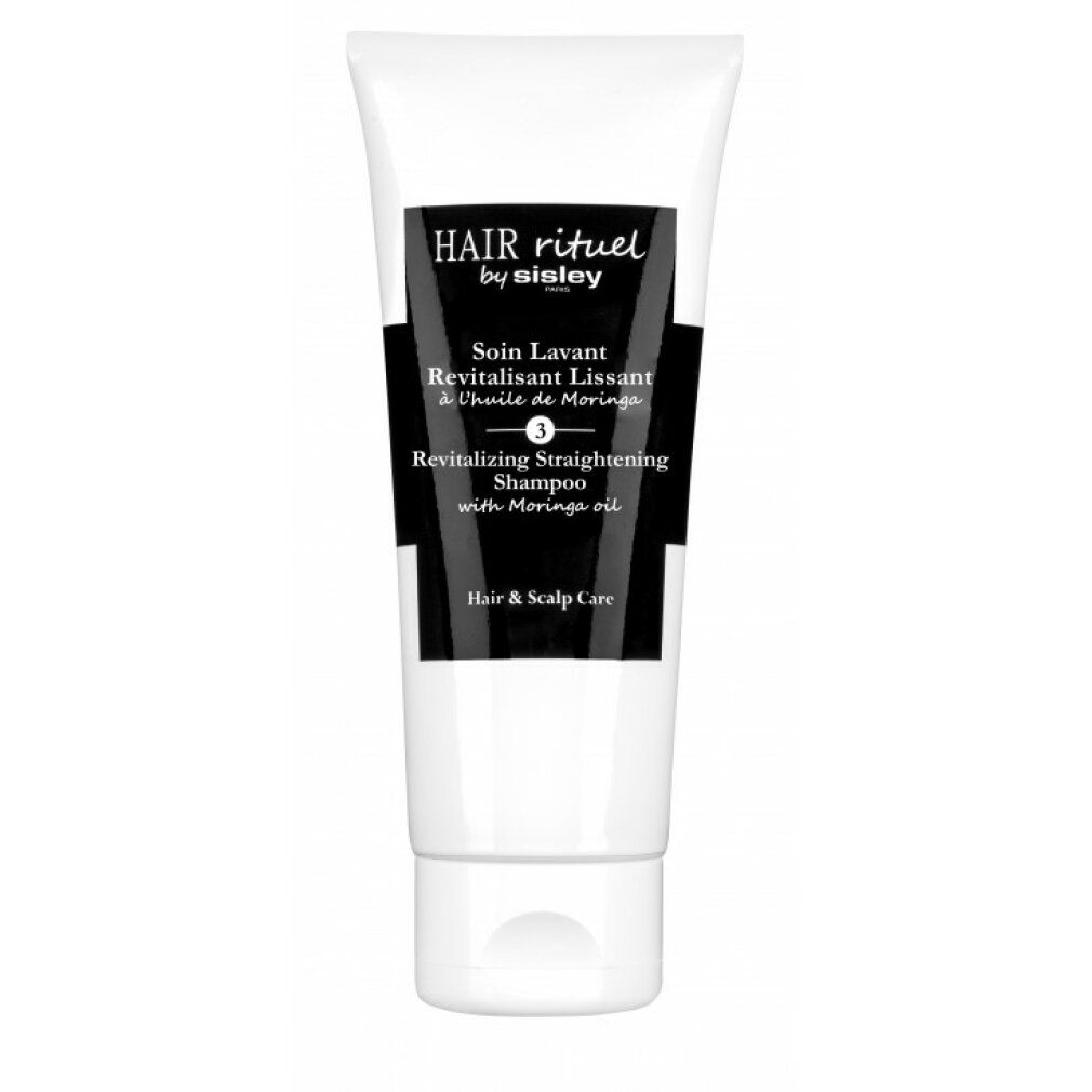 Weißer Tube mit schwarzem Etikett. Aufschrift: Hair Rituel by Sisley, Revitalizing Straightening Shampoo. Produkt für Haar und Kopfhaut.