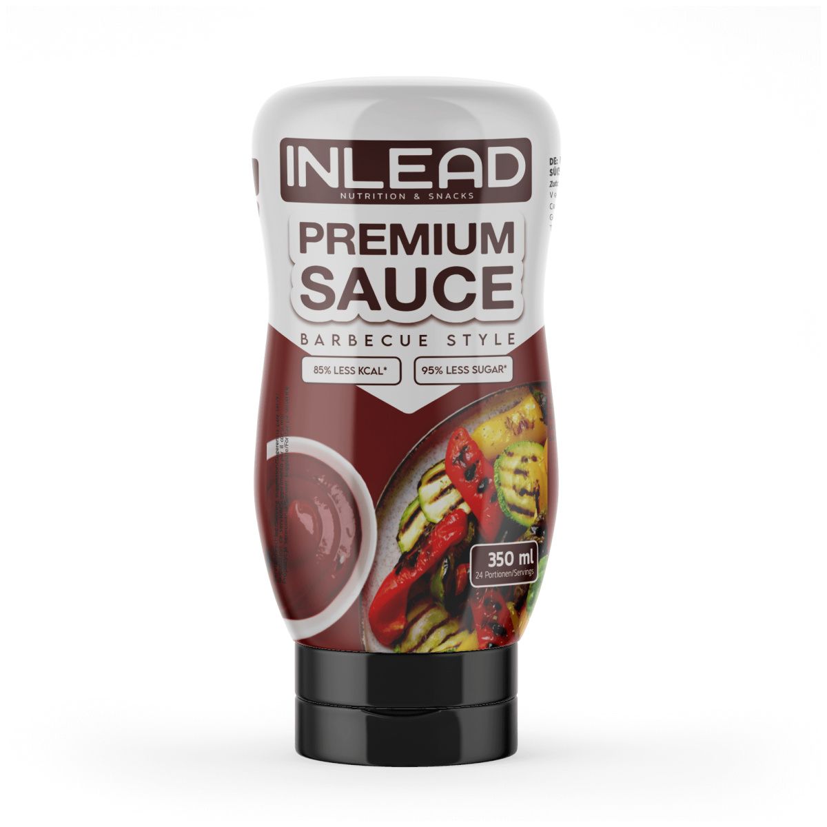 INLEAD Premium Sauce, Barbecue Style. Flasche mit schwarzem Deckel. Aufdruck: 85% weniger kcal, 95% weniger Zucker. Abbildung von gegrilltem Gemüse.