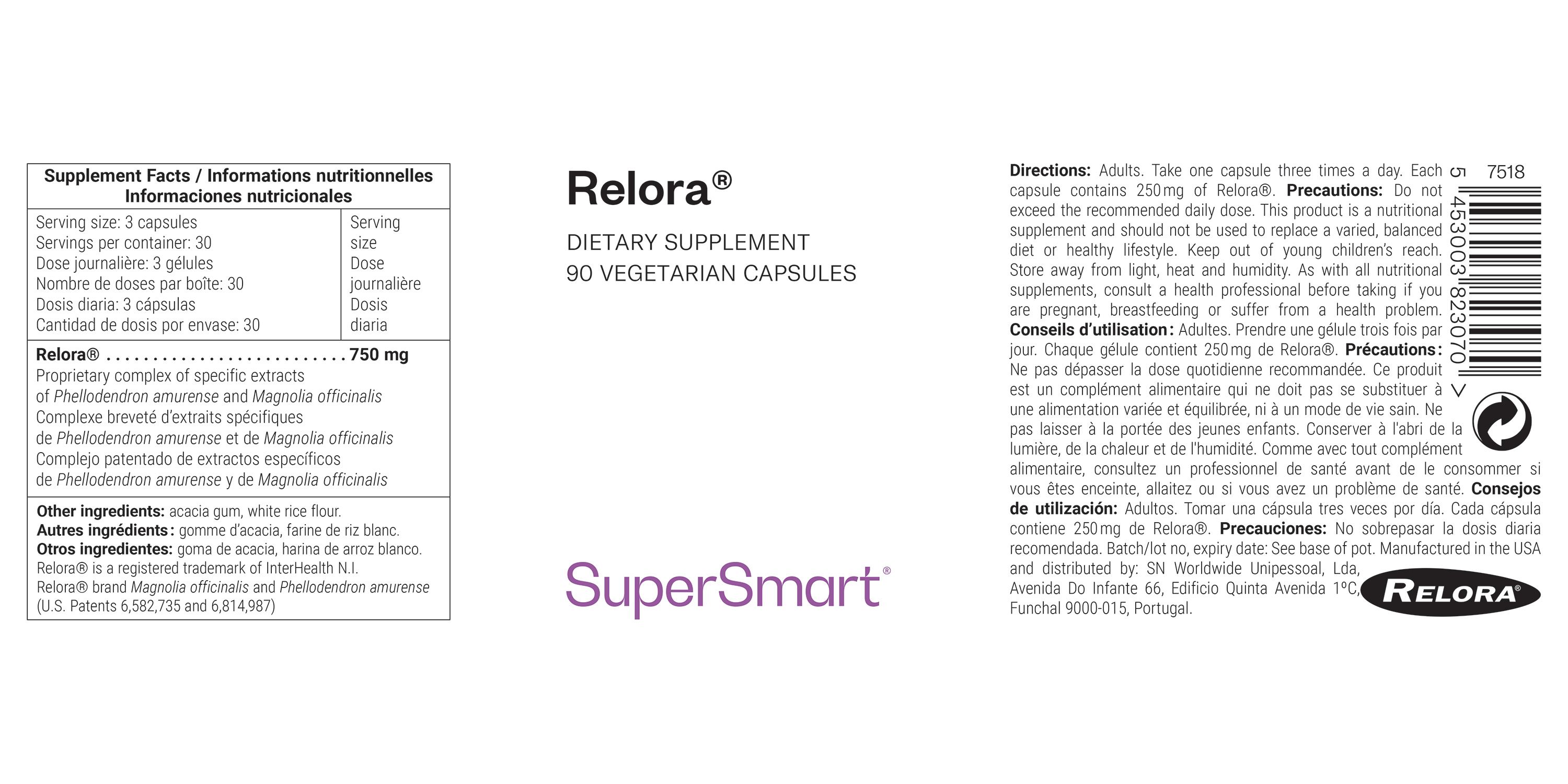 Relora®-Etikett. Enthält Informationen zu Inhaltsstoffen, Dosierung und Hersteller. SuperSmart-Logo.