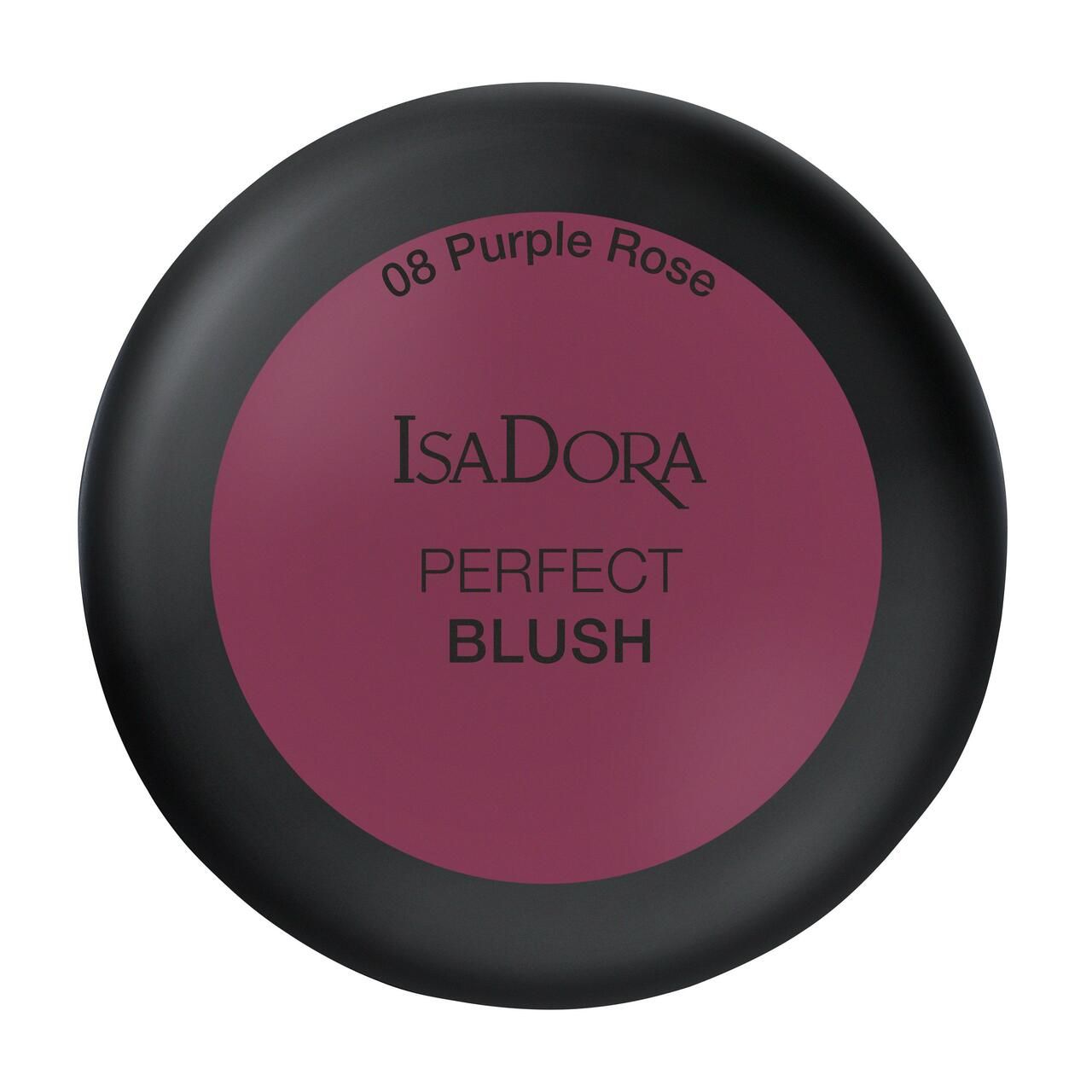 IsaDora Perfect Blush. Runde, geschlossene Dose. Burgunderfarbener Deckel mit Produktname und Farbtonbezeichnung. Schwarzer Rand.