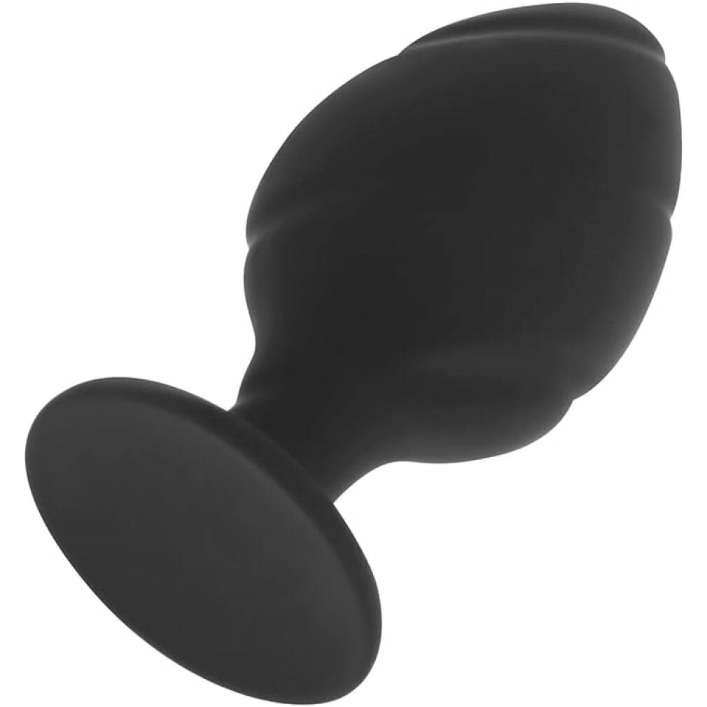 Schwarzer Analplug aus Silikon. Konische Form mit geriffelter Oberfläche und flachem, rundem Sockel. Winkelaufnahme.