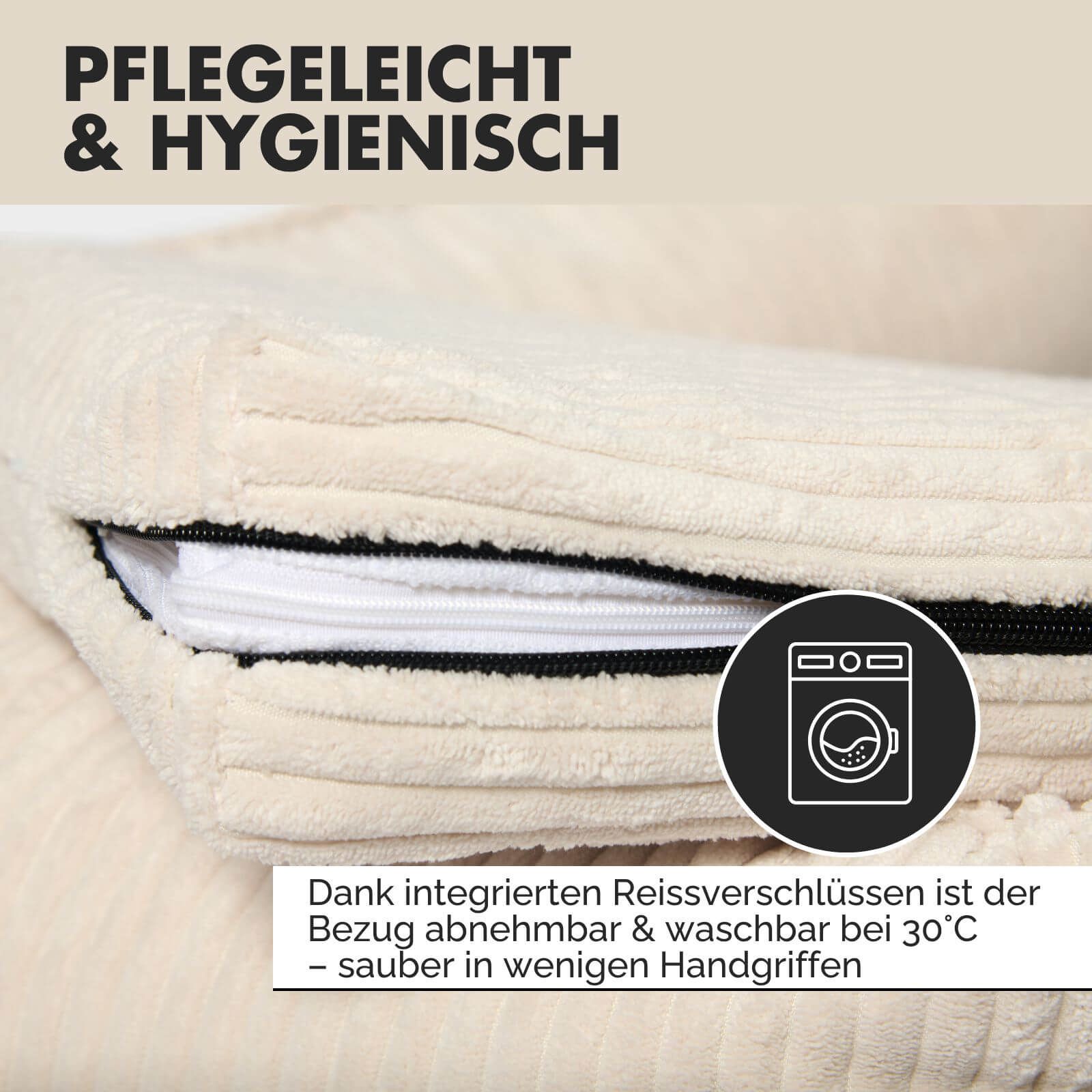 Nahaufnahme des beigen Hundebetts mit Reißverschluss. Text: Pflegeleicht & hygienisch. Waschsymbol.