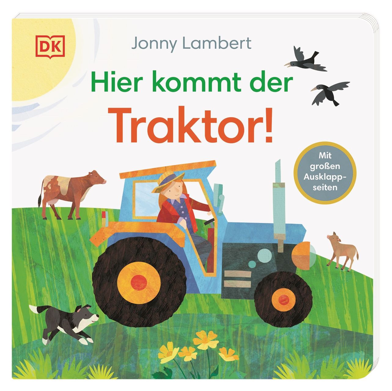 Buchcover: "Hier kommt der Traktor!" mit Traktor, Kind, Tieren und Text. Verlag DK.