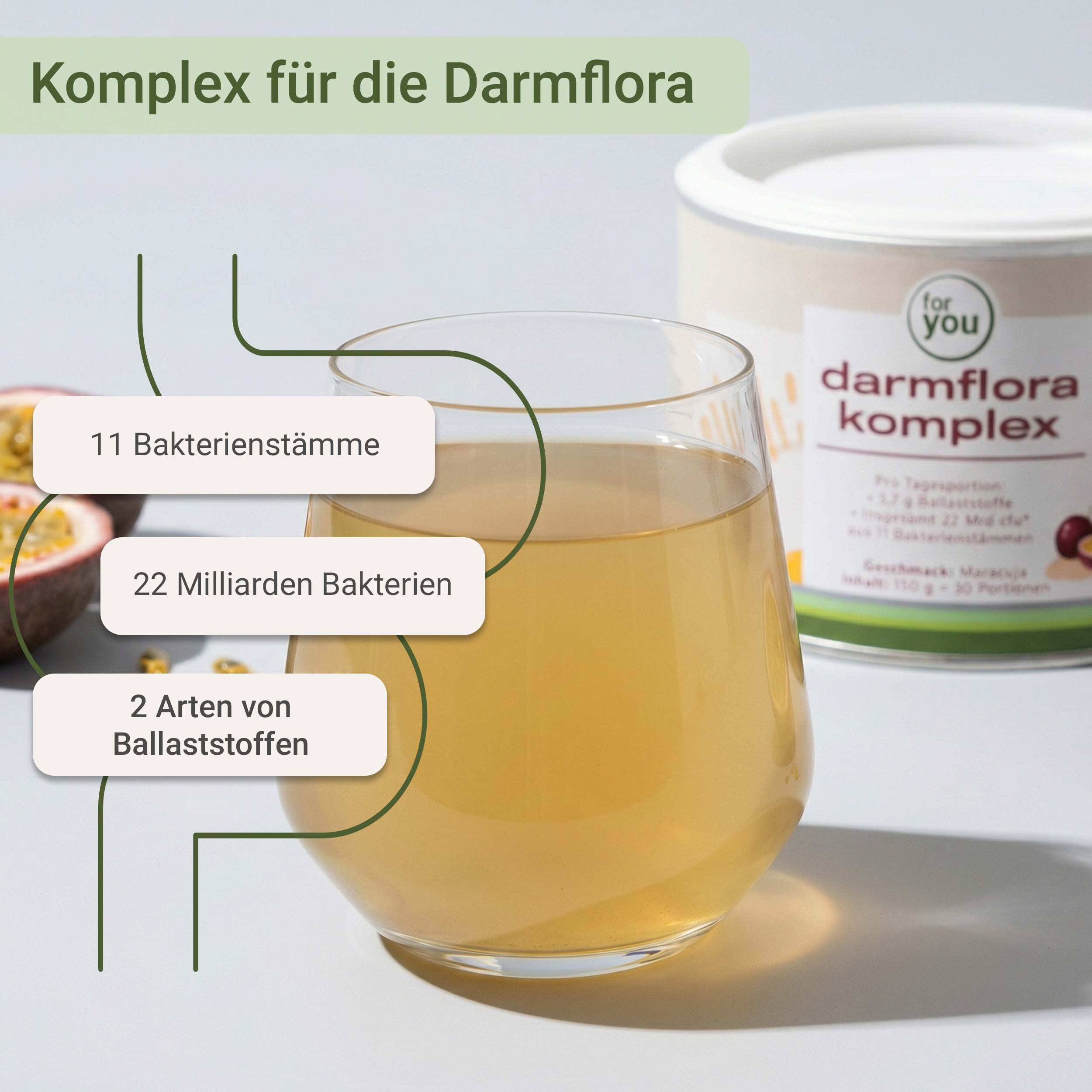Glas mit gelber Flüssigkeit, daneben Dose mit Aufschrift 'for you Darmflora Komplex'. Text: 11 Bakterienstämme, 22 Milliarden Bakterien, 2 Arten von Ballaststoffen.