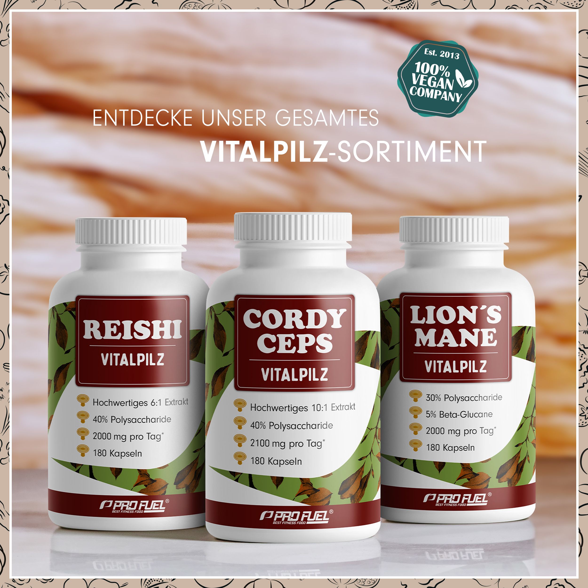 Drei Flaschen Vitalpilz-Sortiment. Reishi, Cordyceps, Lion's Mane. 180 Kapseln pro Flasche. 100% Vegan.