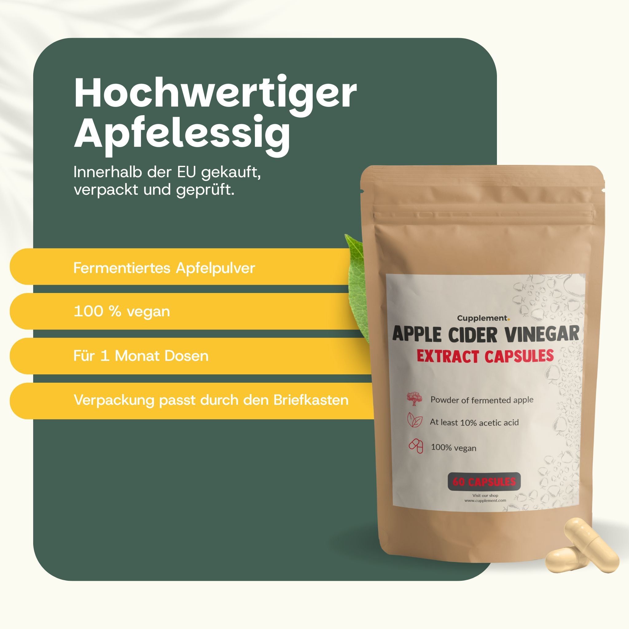 Werbung mit Text und Beutel mit Kapseln. Text: Apple Cider Vinegar Extract Capsules. Kapseln daneben.