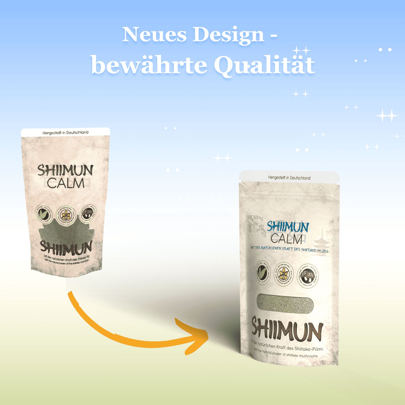 Zwei Beutel Shiimun Calm Pulver. Links: altes Design. Rechts: neues Design. Text: Neues Design - bewährte Qualität. Pfeil.