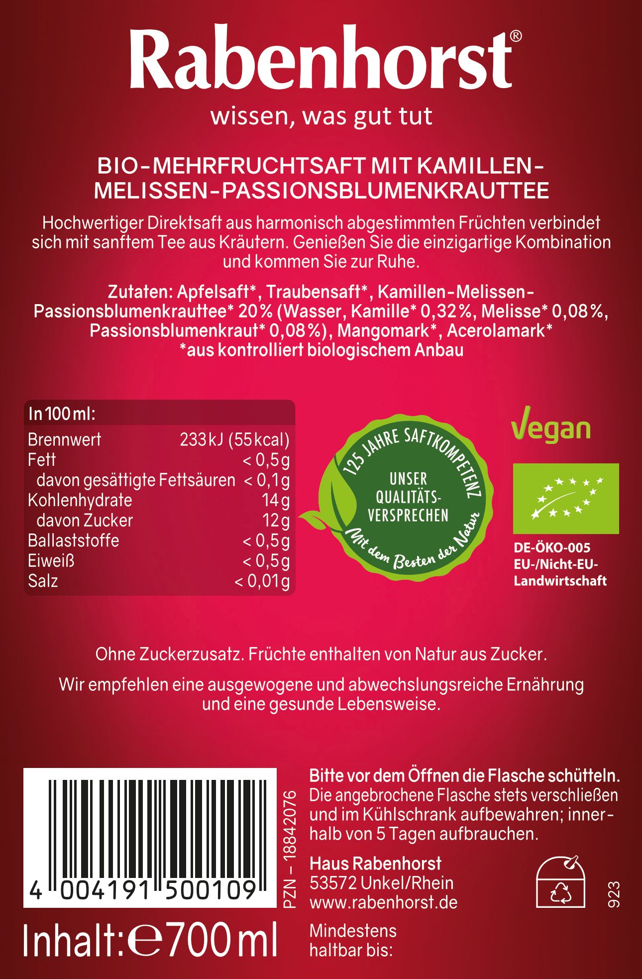 Rückseite der Rabenhorst Innere Ruhe BIO-Saftflasche. Text, Nährwertangaben, Logo und Zertifizierungen.