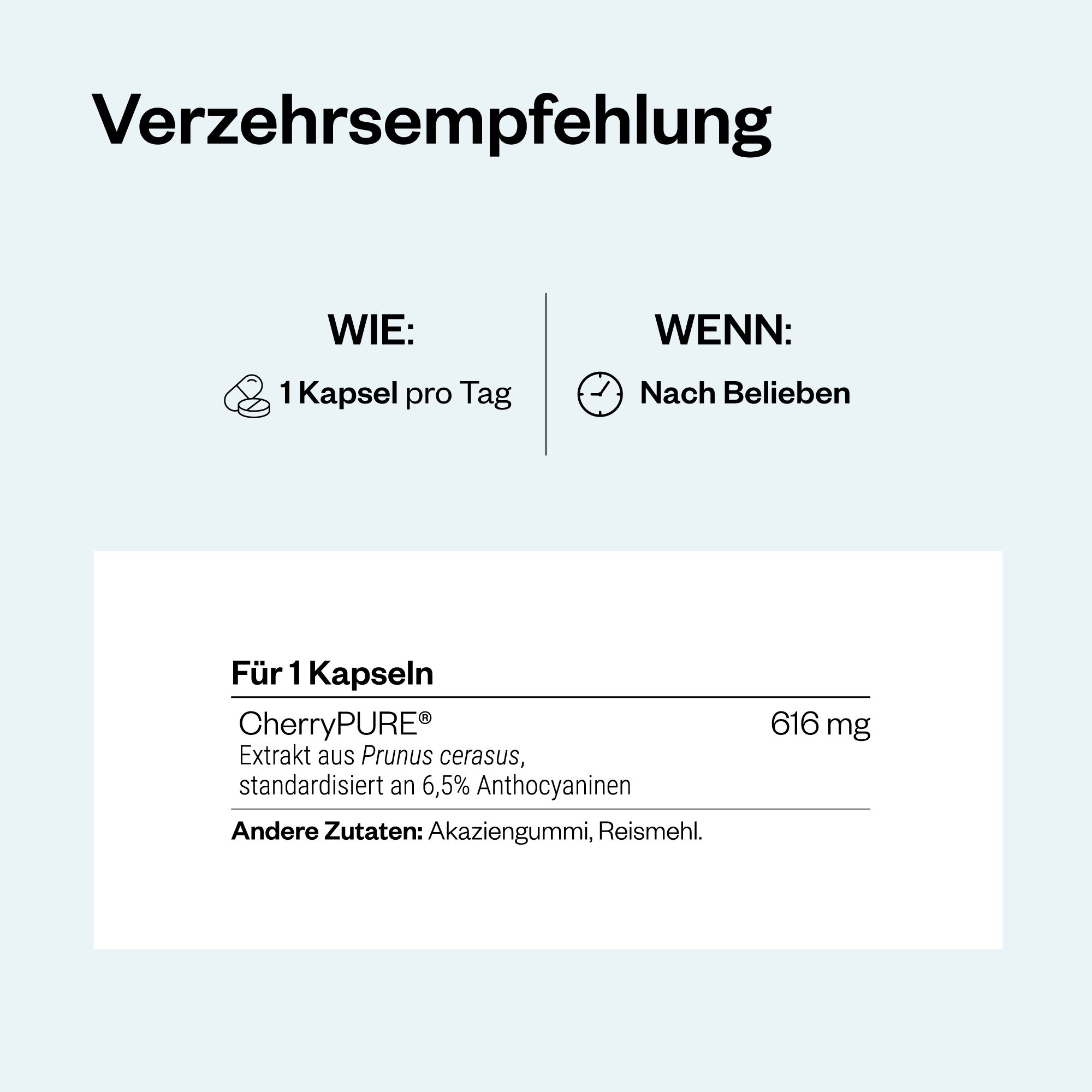 Infografik: Verzehrempfehlung. 1 Kapsel pro Tag. Enthält 616 mg CherryPURE® Extrakt. Andere Zutaten: Akaziengummi, Reismehl.