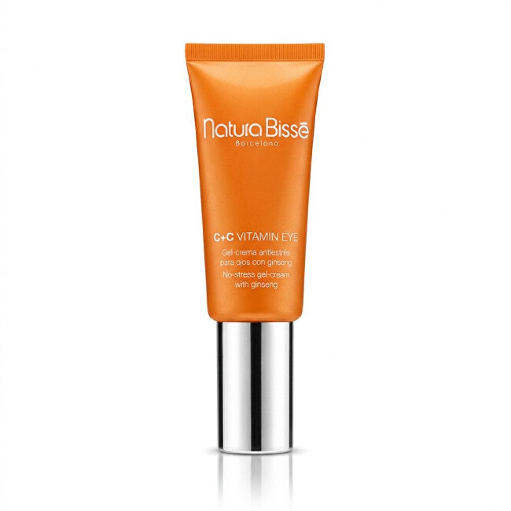 Orange Tube mit silbernem Verschluss, Natura Bissé C+C Vitamin Eye No-Stress Gel-Cream mit Ginseng.