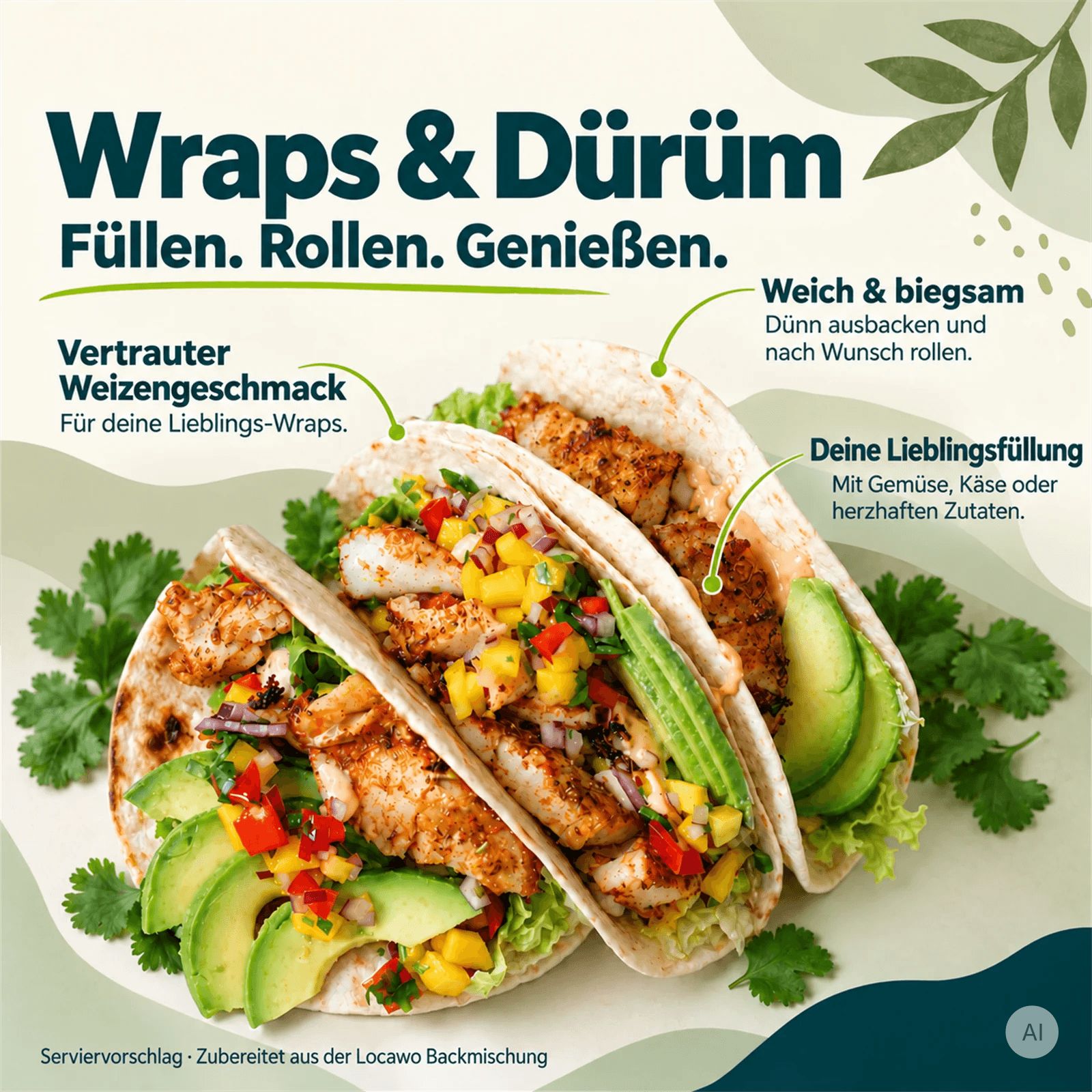 Wraps und Dürüm gefüllt mit Hähnchen, Avocado, Salat und Tomaten.