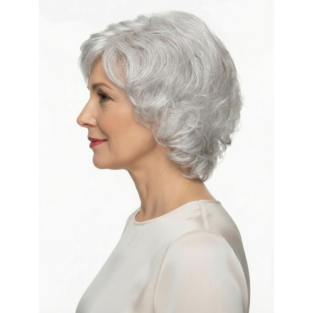 Frau mit grauer Perücke. Kurze, gewellte Frisur. Seitenansicht. Helles Oberteil. Weißer Hintergrund.