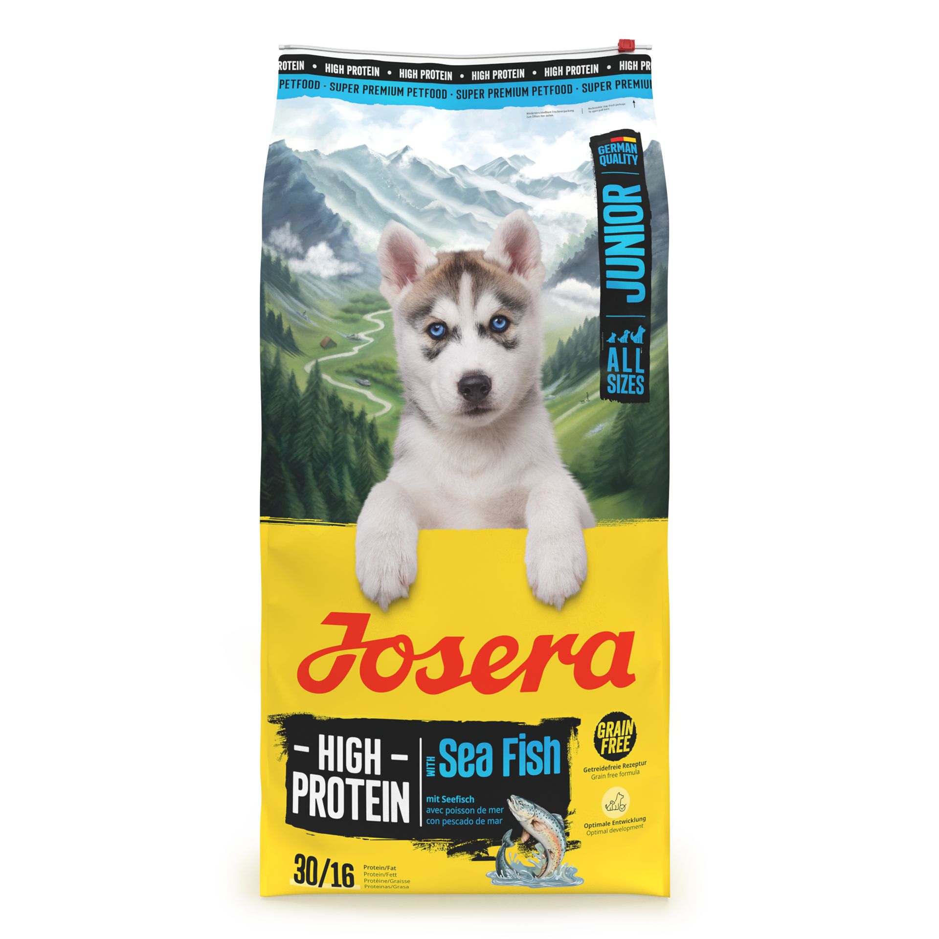 JOSERA High Protein Junior Sea Fish Hundefutter-Sack mit einem Husky-Welpen.