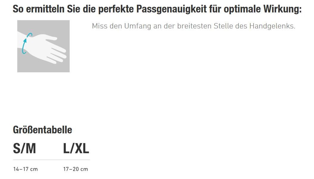 Größentabelle mit S/M und L/XL. S/M: 14-17 cm, L/XL: 17-20 cm. Anleitung zur Handgelenkumfangmessung.