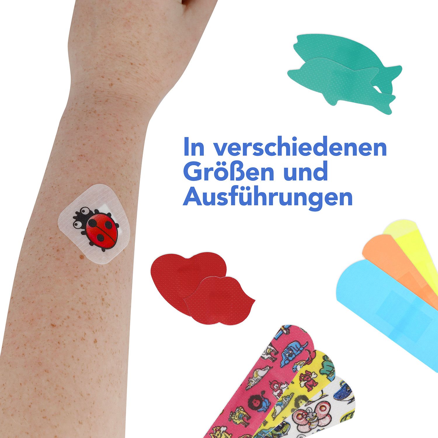 Arm mit Pflaster mit Marienkäfer-Motiv. Verschiedene Pflasterformen und -farben. Text: In verschiedenen Größen und Ausführungen.